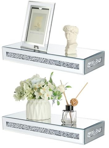 BTSKY Krossade diamantspegelglas rektangulära flytande hyllor väggmonterad display dekorativ 38 x 15 x 5,8 cm