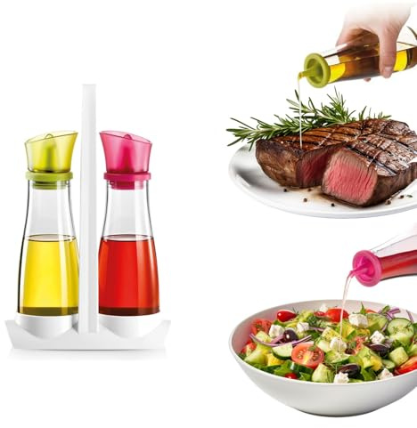 Avilia Set da Tavola Olio e Aceto 250ml - Realizzate in Vetro Robusto - Beccucci Flessibili Antigoccia in Silicone - Tappi Colorati Verde e Bordeaux - Supporto Comodo ed Elegante - Facile da Pulire