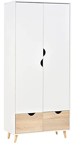 HOMCOM Armadio Guardaroba a Due Ante in Legno con Maniglie Intagliate, Armadio Camera da Letto con Ripiano, Appendiabiti e 2 Cassetti, 80x40x180cm, Bianco
