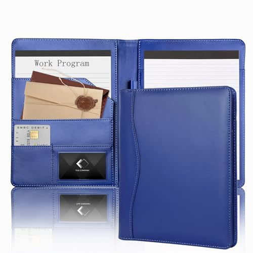 Portfolio A5 Conference Folder, Soft Leather Padfolio 5 x 8 Mini Business Binder Legal Writing Note Pad Junior Size Document Organizer for Present Gift Kid Men Women Navy Blue