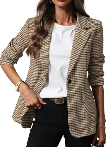ELLEVEN Plaid Blazers for Women Business Casual Tweed Outfits One-Button Long Sleeve Boyfriend Suit Jacket Houndstooth Fall Work Office Dressy Professional Brown Houndstooth XX-Large