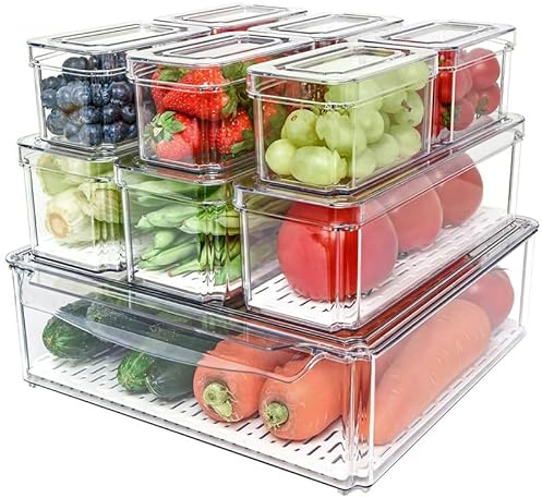 GENERIX Fridge Organizer Set with Lids, 10-Piece BPA-Free Stackable Refrigerator Storage Containers with Drain Trays – Clear Kitchen Fridge Bins for Fruits, Vegetables, Berries & Meal Prep