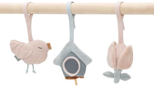 Jollein lekbåge babyhänge – Lovely Birds – uppsättning av 3 babyleksaker med fågel, fågelhus och blomma – främjar sinnen och motorik – för babylekbåge – gammalrosa/sjögrön