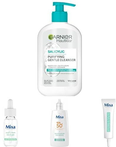 Anti-Unreinheiten Set für reine Haut: Garnier Hautklar & Mixa: Reinigen, Klären, Schützen, Set für reine, hydratisierte und geschützte Haut, Cleanser, Serum, UV-Fluid LSF50+ & Anti-Pickel-Paste