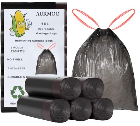 AURMOO 205x Soppåse 10L med Dragband, Biologiskt Nedbrytbara Sopsäckar,