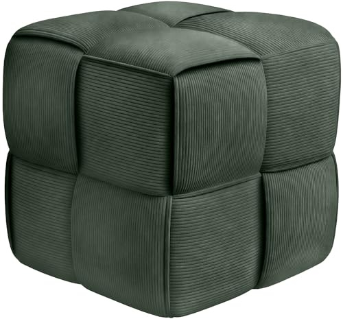 CLP Poggiapiedi Forinta in Velluto a Coste, Forma Quadrata Imbottita, Design Moderno Beige, Ideale per Soggiorno e Camera da Letto, Colore:Verde Scuro