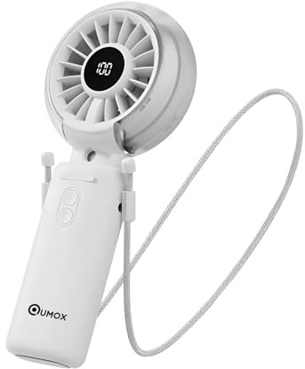 QUMOX Ventilatore Portatile con Nebulizzatore, Mini USB Ricaricabile Pieghevole con Display Batteria Digitale, 3 Velocità, Ventilatore da Mano e da Tavolo per Ufficio, Viaggio,Spiaggia Estate (Bianco)