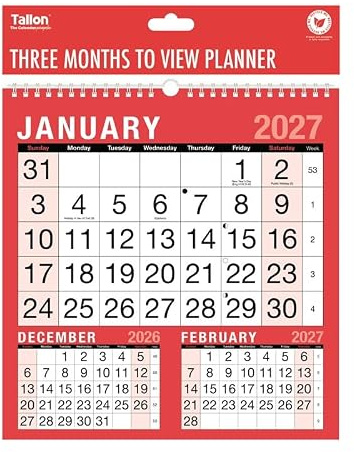2027 Three Month to View Wall Planner Organiser Calendar Office Home