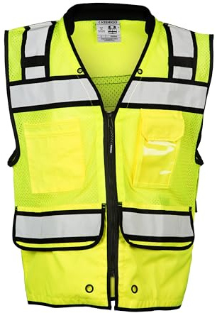 Kishigo Men's High Visibility Reflective High Performance Surveyors Vest S5004, Zipper Closure, Polyester, ANSI 107 Type R/Class 2, Multiple Pockets for Tools and Equipment Storage (Lime, L)