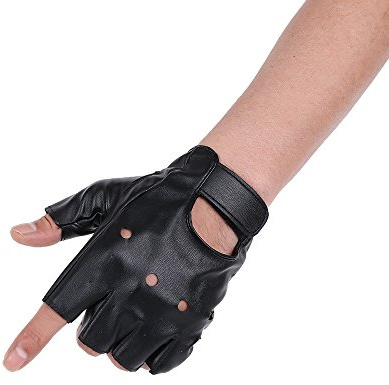 JISEN Men PU leather Punk Half Finger Hollow Out Gloves Black