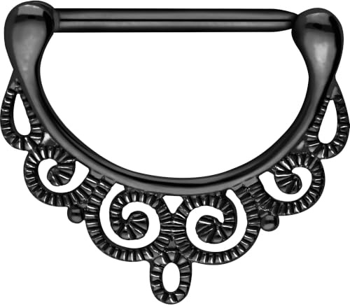 PIERCINGLINE kirurgisk stål nippelpiercing clicker | ORIENTALISK design | Piercing bröst bröstvårta | Färg- och storleksval e 16 mm stavlängd, colore: svart, cod. CN204-SW-16