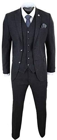 Mens Wool Tweed Suit 3 Piece Authentic 1920s Tailored Fit Classic Black