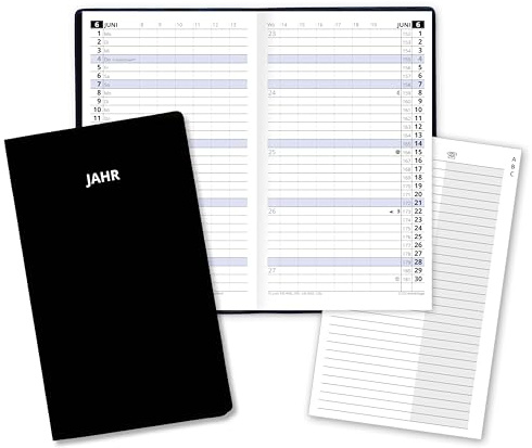 Taschenkalender für das Jahr 2026 Classica Kalender klein mit Monatsübersicht Sonn- und Feiertagen in Blau mit Adressheft PVC Einband in Schwarz