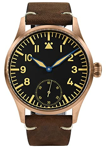 NC Orologio da uomo San Martin Bronze Pilot Orologio da uomo meccanico manuale in vetro zaffiro luminoso con fondello trasparente (black)