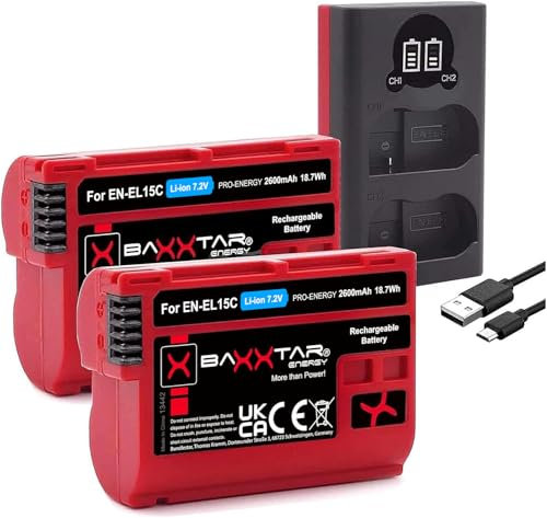 Baxxtar 2x EN-EL15c Akku 2600mAh mit Ladegerät Dual (LCD USB-C Micro-USB) kompatibel mit Nikon Z5 Z6 II Z7 II Z8 D500 D600 D610 D750 D780 D800 D810 D850 D7000 D7100 D7200 D7500 EN-EL15b ENEL15 EN EL15