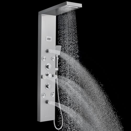 ROVOGO Shower Panel with 4 Body Jets and 4 Mist Spray, Rainfall Waterfall Shower Column Tower with Handheld, Tub Spout and Water Temperature Display, 304 Stainless Steel Brushed