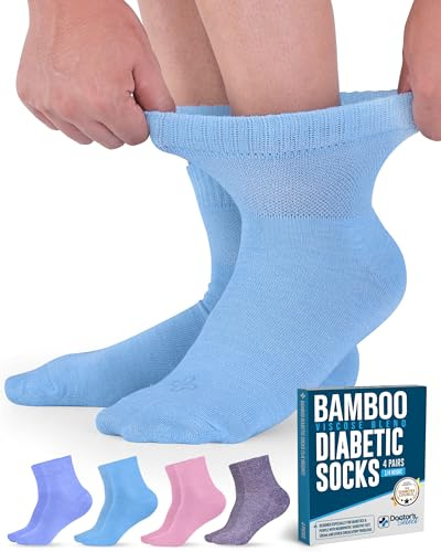 Doctor's Select Bamboo Viscose Diabetic Socks for Women & Men (4 Pairs) | Ankle Neuropathy Socks | Light Blue, Blue, Purple, Pink | Non Binding Moisture Wicking Womens Diabetic Socks Size 9-11