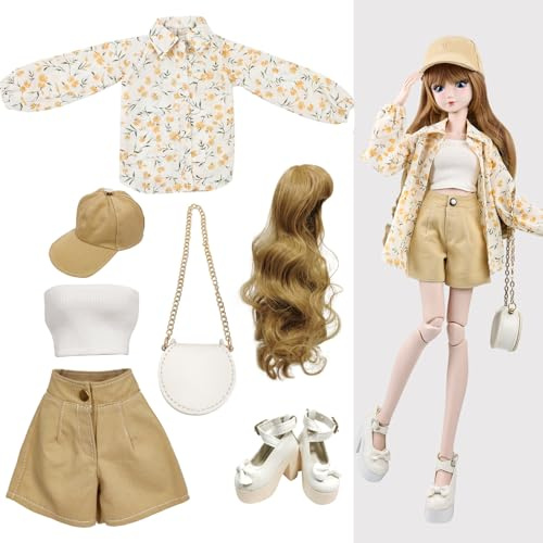 Proudoll 1/3 BJD Docka kläder outfit set handgjorda snygga blommor blus, tank, kort, mössa, peruk, cross-body väska och hög häl, kompatibel med 1/3/60 cm 24-tums SD-dockor