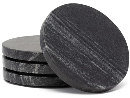 Thirstystone 4 Pack Natural Black Marble Round Coasters with Protective Felt Feet on The Bottom 4 Diameter Elegant Heat Tolerant Easily Wipes Clean