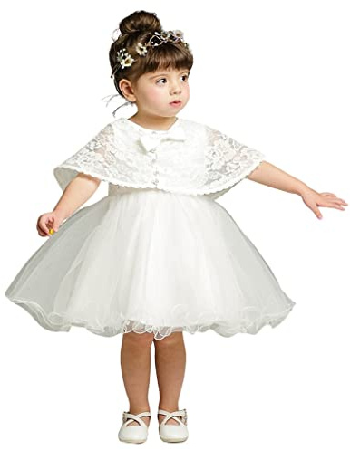 Bambina Abiti da Battesimo Vestito Battesimo Abito con Mantellina Pizzo Neonato a Fiori Tulle Abitini per Bimba Principessa Matrimoni Compleanno Ballo di Fine Anno Bianco 3-6 Mesi