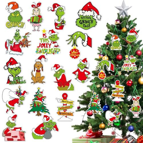 32 decoraciones de Navidad de Grinch, adornos para árbol de Navidad, colgantes de Grinch para colgar en el árbol de Navidad, suministros de fiesta de vacaciones de invierno (32 piezas)