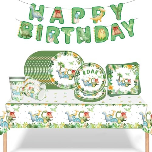 Bikasun Dinosaurier Geburtstag Geschirr Set, 16 Gäste Dino Partygeschirr Pappteller Kindergeburtstag, Pappteller Tassen Servietten Banner Tischdecke für Party Kindergeburtstag Deko Junge Mädchen