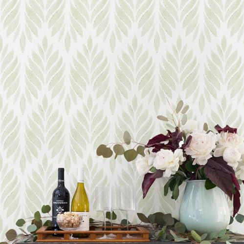 Aniboo Sage Green Peel and Stick Wallpaper Boho Green Contact Paper Self Adhesive Neutral Removable Wallpaper for Bedroom Bathroom Waterproof Modern Leaf Contact Paper Farmhouse White 393inL 17.3inW