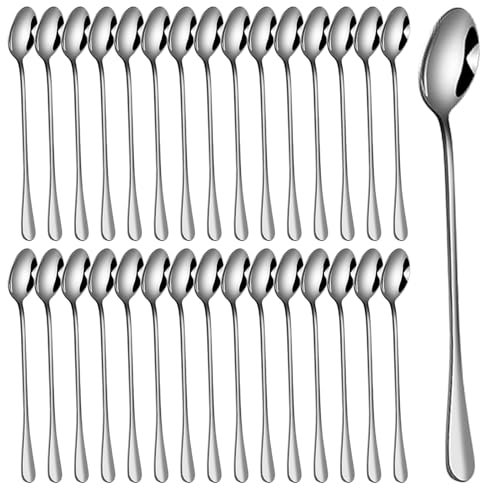 Set di cucchiai per latte macchiato, 30 pezzi, cucchiaini da caffè, cucchiaino lungo, 19,5 cm, in acciaio inox, ideale per caffè freddo, tè freddo, gelato, frappè