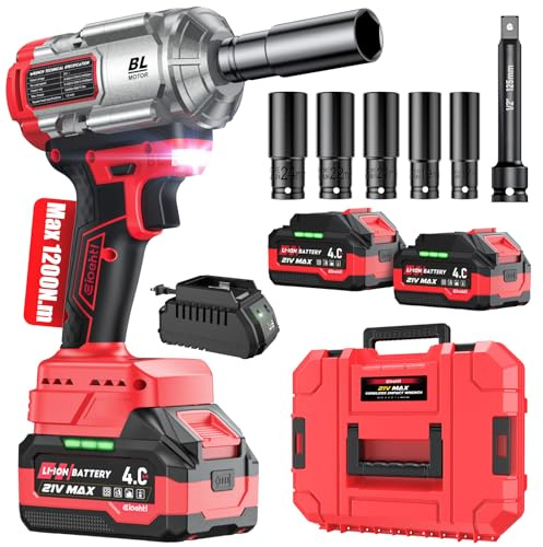 Cordless Impact Wrench 885 Ft-lbs (1200N·m), Brushless High Torque 1/2 Impact Gun, 21V 2×4.0Ah Batteries, 3-Mode Speed Control, Impact Wrench with 5 Sockets + Extension Bar for Car, Truck, RV & Mower