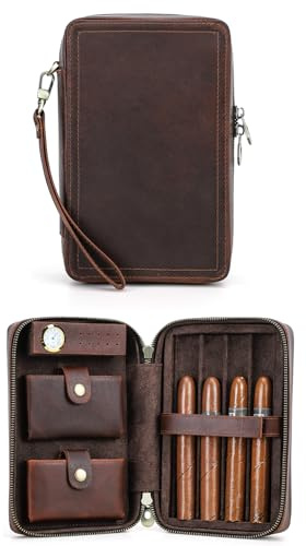 Hiram Cigarrfodral äkta läder cigarrhumidor för 4 cigaretter, bärbar cigarrlåda med cigarrskärare och tändarficka, multifunktionell cigarrväska med inbyggd luftfuktare och digital hygrometer