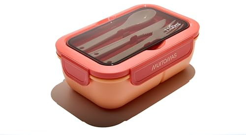 Muitomas, Lunch Box 1100ml, Porta Pranzo con Posate e Tre Scomparti Interni, Portapranzo Ermetico per Alimenti, Lunch Box Microonde, Lavastoviglie e Congelatore, Colore Peach Fuzzy