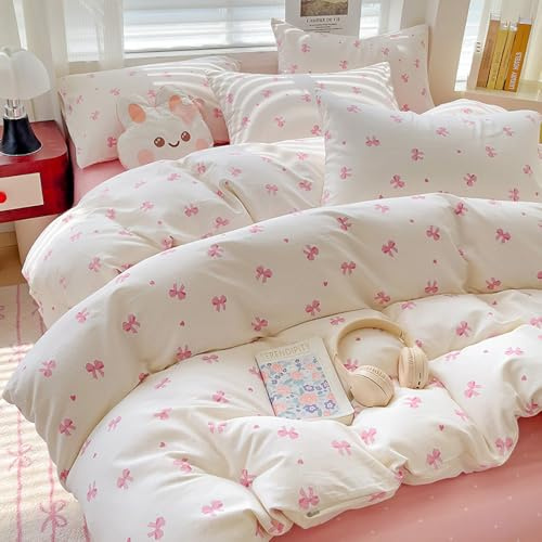 Covebett Set di biancheria da letto Kawaii per bambini e bambine, con copripiumino con fiocco rosa e bianco, in microfibra, 135 x 200 cm, con chiusura a cerniera e 1 federa da 50 x 75 cm