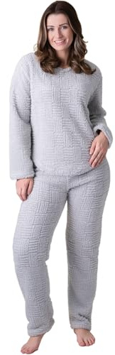 Camille Ladies Pyjamas - Jacquard Sherpa Fleece | Cosy Lounge Wear Set | Long Sleeves, Crew Neck & Elastic Waist | Warm & Snug 2-Piece PJ Top & Bottoms | Comfy Luxury | Grey 22-24