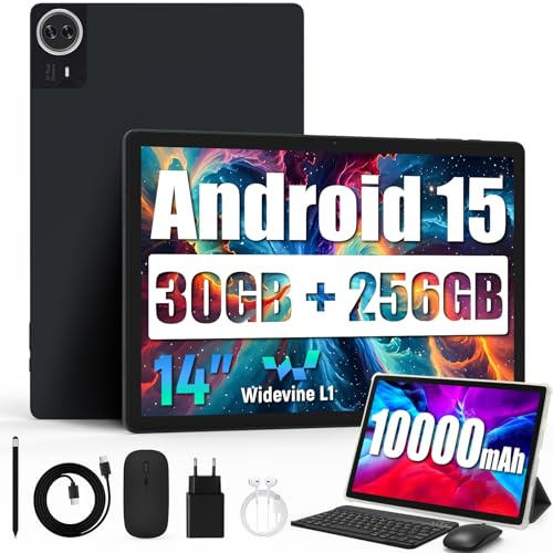Tablet 14 Zoll Android 15 Tablet PC Octa Core Prozessor 30 GB RAM 256 GB ROM Erweiterbar auf bis zu 1 TB TF 1920x1200 FHD IPS Touchscreen 10.000 mAh 5MP+8MP Dual Kamera WiFi 6 Bluetooth 5.4 (Schwarz)