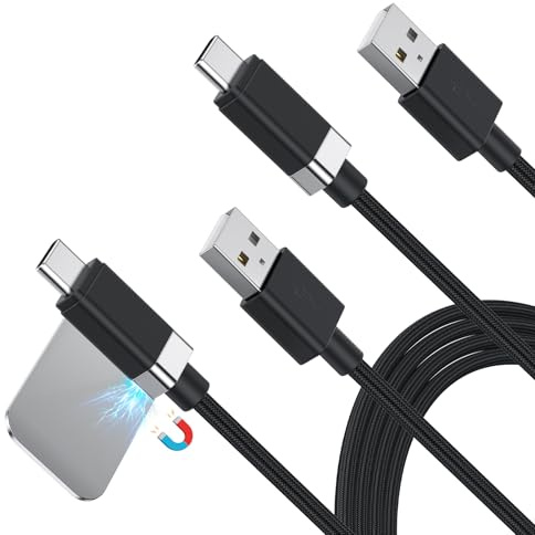 Magtame 2-pack StayCable magnetisk USB A till USB-kabel 5 FT/1,5 m, 3 A 27 W snabbladdning typ C laddkabel, anti-drop nylon flätad kabel för säng, skrivbord, bil
