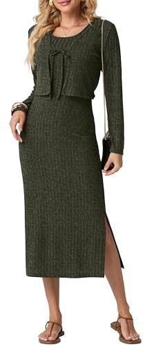 GRECERELLE Abito da donna con cardigan, set da 2 pezzi in maglia a coste: abiti midi a maniche lunghe con spalline sottili con spacco laterale e cravatta anteriore a maniche lunghe cardigan