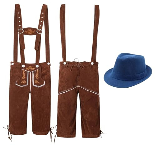 Generico Oktoberfest Costume Uomo Costume BavaresePantaloni Corti Tradizionali con Cappello Bavaresein Feltro Vestito Tirolese Pantaloncini Corti Uomo con Bretelle per Oktoberfest Festa