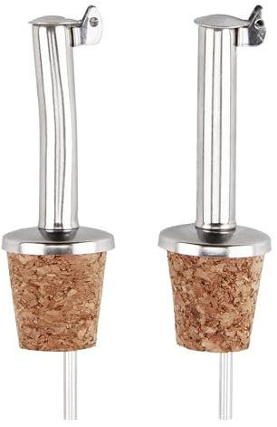 2 unidades de vertedores para botellas de licores/aceite/vinagre – Vertedor de acero inoxidable con corcho natural y tapa, salida recta y curva, sin goteo, higiénico, ideal para cocina, bar y