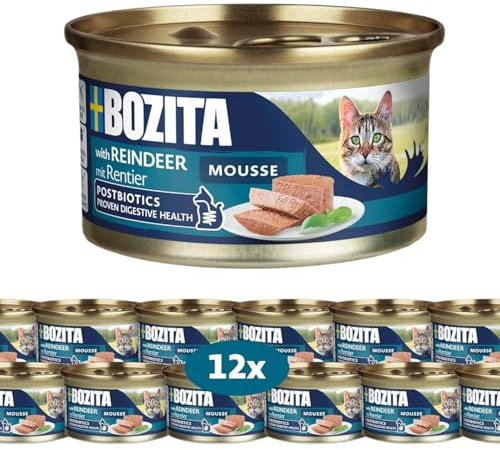 Bozita Mousse Rentier – 12 x 85 g våtfoder för katter i fin moussetextur med ren – kornfritt recept, utan tillsats av socker och färgämnen – med postbiotika för att stödja tarmfloran