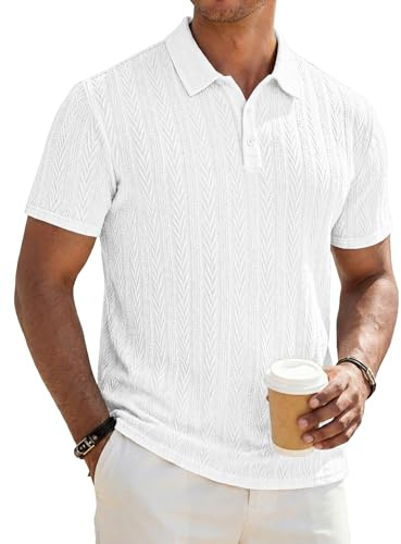 JMIERR Mens Casual Polo Shirt Summer Short Sleeve Vacation Button Beach Knit Stretchy Golf Shirts, L, White