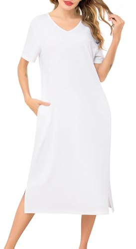 Wikoan Abiti Lunghi da Donna Camicie da Notte con Scollo a V Colori Solidi Abiti Lunghi a Maniche Corte con Tasche,S-XXL