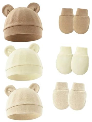 Volink 3 Ensembles Bonnet Naissance Moufle Protection Bébé 0-6 Mois Coton