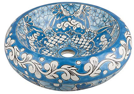 Lorena - Mexikanische Rund Aufsatzwaschbecken | 40 cm Keramik Talavera Waschbecken aus Mexiko | Buntes Deko motiven | Ideal badezimmer mit holz optik fliesen, zementfliesen, rustikal unterschrank