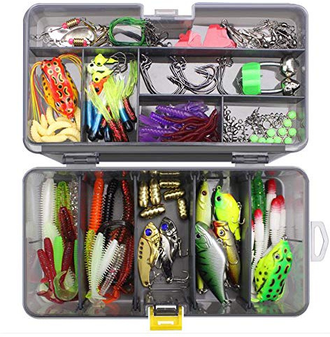 VOANZO Juego de 168 aparejos de pescaIncluido Señuelos de ranas blandas Cucharas de metal, Kit de cebo de pesca divertido, para tipos de peces en los ríos, piscina, lagos de estanque y el mar