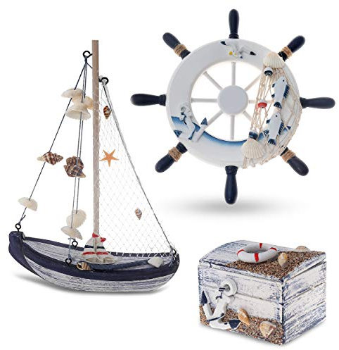 Flanacom Maritime Badezimmer Deko 3er Set - Steuer-Rad, Segel-Schiff und Schatz-Truhe aus Holz - liebevoll gestaltete Badaccessoires mit Details (Design 2-2)