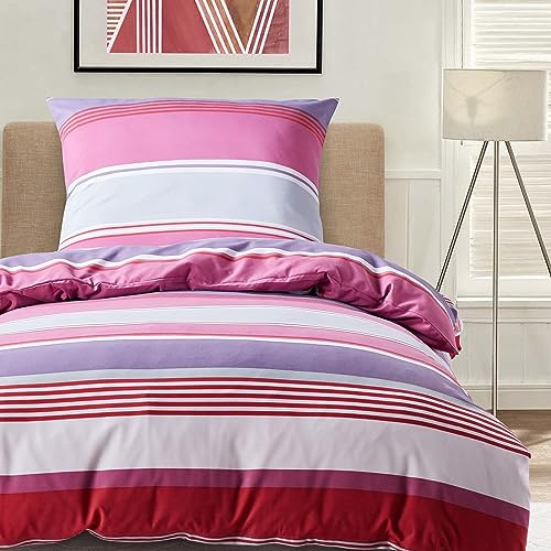 HENGWEI Juego de ropa de cama de 135 x 200 cm, 2 piezas, extrasuave, multicolor, ropa de cama para microfibra, funda nórdica con funda de almohada de 80 x 80 cm, rayas rojas y blancas