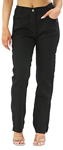 MYT Womens Side Elastic Waist Jeans Ladies Straight Leg Regular Fit Denim Pants Waist Size Black 14