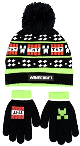 Minecraft - Conjunto de gorro y guantes para niños - Gorro y guantes de lana negros - Diseño de píxeles - Talla única para 6-12 años - Mercancía oficial