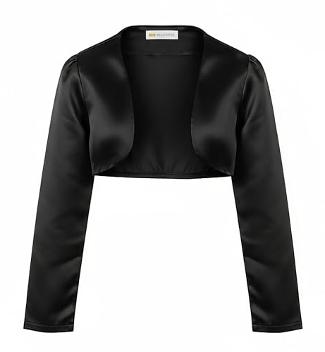 Bolerose Boléro en Satin à Manches Longues pour Fille Enfant (Noir, 13-14 Ans)