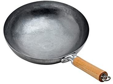 OQHAIR Craft Non Stick Wok Traditional Hand Hammered Carbon Steel Pow Wok with Wooden and Steel Helper Handle (Round Bottom) (Size : 34cm/13.3in) (34cm/13.3in)